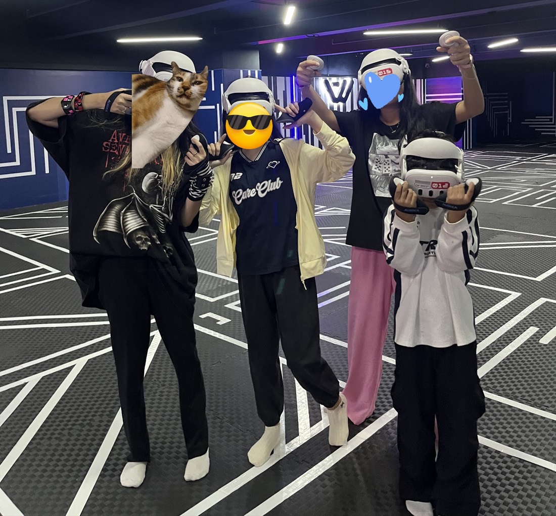 Team posing in headsets after their session — guest photo, PJ arena